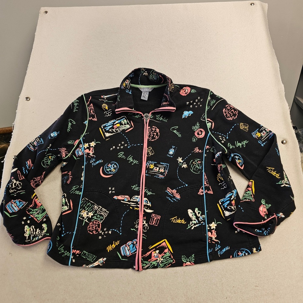 Koret Womens XL Travel Novelty Print Zip Up Jacket Black Bon Voyage Postcard